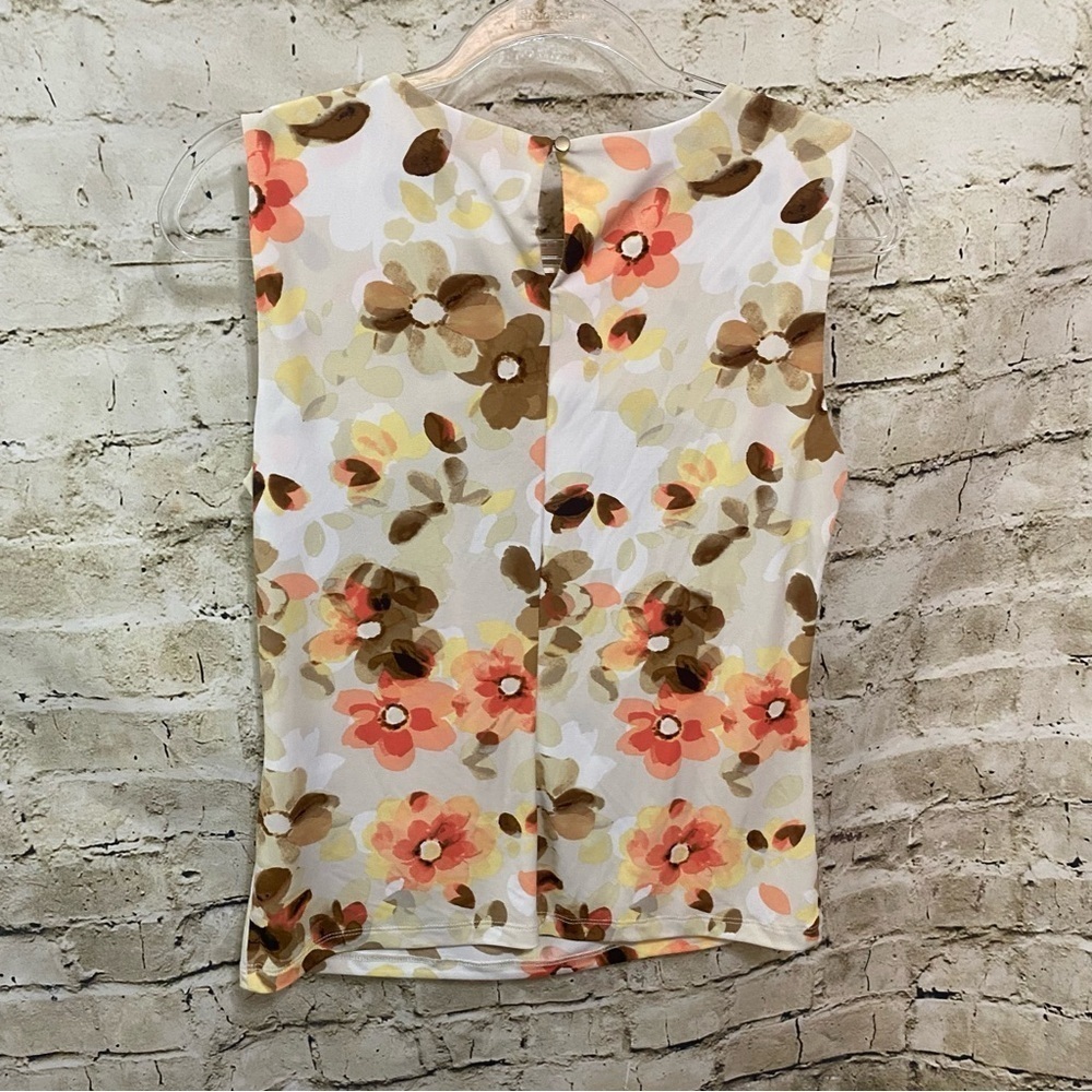 Calvin Klein Cream Peach Floral Print Pleated Sleeveless Top - Picture 4 of 6